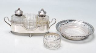 20TH CENTURY SILVER HALLMARKED JAM DISH ALONG WITH CRUET SET WITH SILVER TOP.