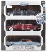 BOX SET OF X3 ANSON 1/18 SCALE CADILLAC CLASSIC DIECAST MODELS