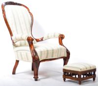 19TH CENTURY VICTORIAN WALNUT ARMCHAIR AND MATCHING FOOTSTOOL