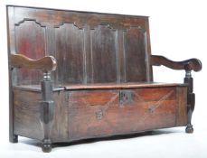 18TH CENTURY GEORGIAN ENGLISH OAK MONKS SEAT / HALL SETTLE BENCH