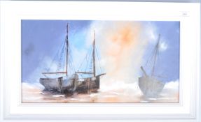 DAVID CHAMBERS - ENGLISH ARTIST - OIL ON BOARD PAINTING OF FISHING BOATS ON THE BEACH