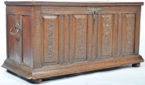 18TH CENTURY OAK COFFER HAVING CARVED TUDOR ROSE DECORATION