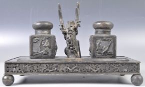 SUPERB 19TH CENTURY CHINESE SILVER AND ZITAN WOOD DESK INKWELL STAND