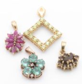 Four Hallmarked 9ct Gold & Gemstone Pendants