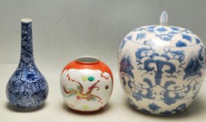 TWO 20TH CENTURY CHINES ORIENTAL CERAMIC GINGER JARS AND STEM VASE