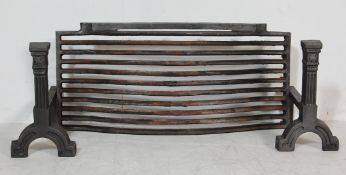 A LARGE 20TH CENTURY VICTORIAN STYLE CAST IRON FIRE GRATE & FIRE DOGS