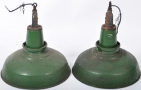 MATCHING PAIR OF INDUSTRIAL GREEN ENAMEL PENDANT HANGING LIGHT