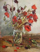 Roger Collin (20th Century). A Still Life of Red and Purple Flowers in a Glass Vase, Oil on Card,