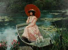 Bird (Late 20th Century). Lady Holding a Parasol on a Boat in a Lake with Lilies, Oil on Canvas,