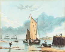 19th Century European School. Dutch Barges in a Harbour, Watercolour, Initialled H.E and Dated '
