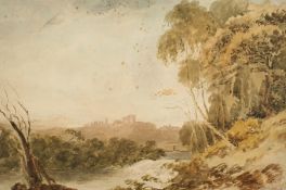 Circle of J. M. W. Turner. River Landscape with Distant Buildings, Watercolour, Bears Signature,