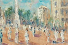 Paul Beauvais British. A Continental Town Scene with Figures in a Market Square,