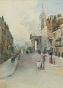 Charles James Lander (1841-1920) British. City Street Scene with Mother and Child under a Parasol,
