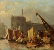 Attributed to William Anderson (1757-1837). Scottish Figures Unloading a Barge, Canvas Laid Down