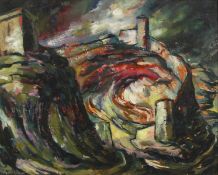 Augustus Lunn (1905-1986) British. Tower on a Hill in a Brooding Landscape, Oil on Board, Signed and