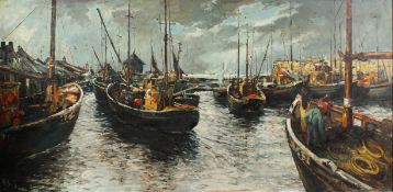 Matt Bruce (1915-2000). 'Fleet Returns, Lossiemouth', Oil on Board, Signed, bears labels verso,