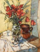 Roger Collin (20th Century). A Still Life of Mixed Flowers in a Square Glass Vase, Oil on Card,