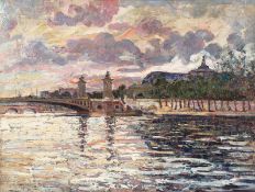 J. Bordier (early 20th Century) French. Bridge over a River at Dusk, Oil on Canvas, Signed, 18