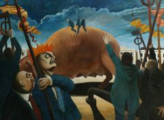 Martin Vernon (b.1966). Surreal Composition with Suited Men Riding a Pig, Oil on Canvas, 43