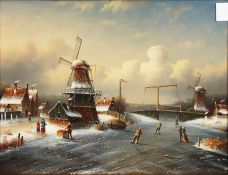V. Horst (20th Century). Skating on a Frozen Waterway with Windmill Beyond, Oil on Panel, Signed,