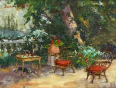 Dennis Gilbert (b.1922) British. A Scene of a Continental Terrace, Oil on Board, Signed, 7