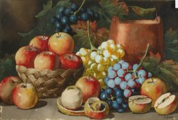 Arthur Dudley (exh. 1880-1907) British. A Still Life with apples in a basket, Signed, Watercolour,