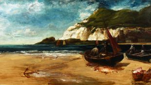 Edwin Ellis (1842-1895) British. A Scene of Fishermen in their Boat with their Catch in the