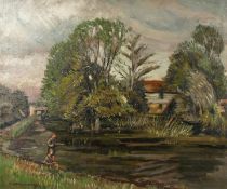 Karl Hagedorn (1889-1969) British. 'The Mill', a Scene of Boys Fishing before a Mill, Oil on Canvas,