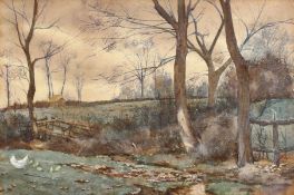 J. M. Machin. 'At Kingsbury', Landscape with Chicken and Cottage Beyond, Watercolour, Signed,