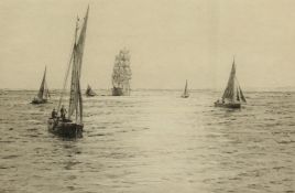 Rowland Langmaid (1897-1956) British. Sailboats off the Coast, Etching, Signed in Pencil, 6