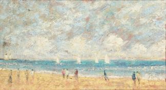 Paul Beauvais British. A Beach Scene with Figures Walking, Oil on Board, 10