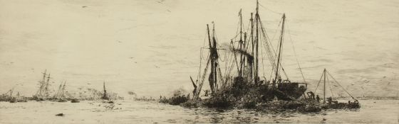 William Lionel Wyllie (1851-1931) British. An Estuary View with Moored Boats, Etching, Signed in