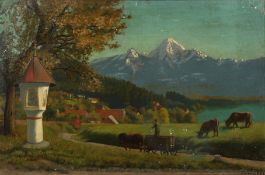 James Eddie (20th Century). Farmer on a Horse and Cart Passing a Wayside Shrine, a Mountain Range