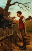 Attributed to Herbert William Weekes (1841-1914) British. Scene of a Farmer Feeding his Pigs, Oil on
