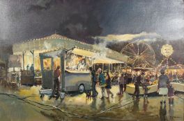 Tom Brown (1933-2017) British. Figures at a Fun Fair with a Carousel Beyond, Oil on Canvas,