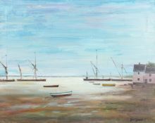 Theo Benedict (20th Century). 'The Harbour at Dusk', Boats Moored on a Shoreline, Oil on Canvas,