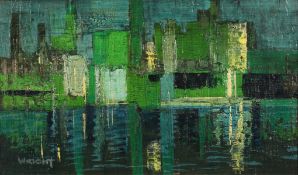 Modern School, Circa. 1960. Abstract Composition in Green and Yellow, Oil on Panel, Signed Wright,