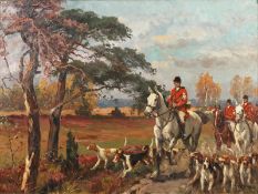 Hocke (20th Century). A Hunt Scene of Mounted Horseman and their Pack, Oil on Panel, Signed, 18