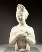 A VERY GOOD CARVED WHITE ITALIAN MARBLE BUST OF DIANA wearing a head piece and shawl, on a very good