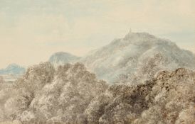 Circle of Arthur Devis. Wooded Landscape with Mountains Beyond, Watercolour, 5.5