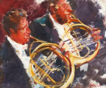 Jonathon Towell NEAC (1938-2013) British. 'Horns', a Study of Two Musicians Playing French Horns,