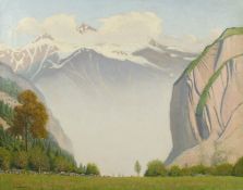 Robert Morson Hughes (20th Century) British. An Alpine View with Mountains Overlooking Lush