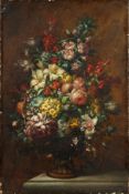 19th Century European School. A Still Life of Mixed Flowers in an Urn, Oil on Oak Panel, 17.25