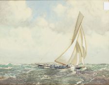 Robert Clouston Young (1860-1929) Scottish. A Gaff Rigged Racing Yacht, Watercolour, Signed, in Gilt