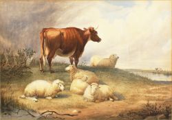Circle of Thomas Sydney Cooper (1803-1902) British. Cattle and Sheep in a Riverside Meadow,