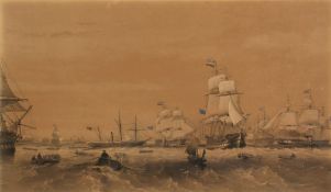 Oswald Walters Brierly (1817-1894) British. The Fleet Provisioning at Sea, Lithograph, 13.5