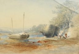 William Williams of Plymouth (1808-1895). Mending the Boats, Watercolour, Signed, 7