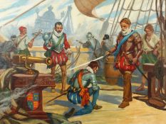 Thomas Heath Robinson (1869-1954) British. A Captain being Knighted on the Decks of a Ship, Oil on