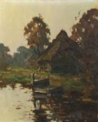 Early 20th Century Continental School. A River Landscape with Jetty and House, Oil on Canvas,