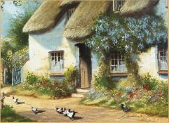 Gordon Lees (b.1933) British. A Thatched Cottage in Summer with Chickens in the Foreground,